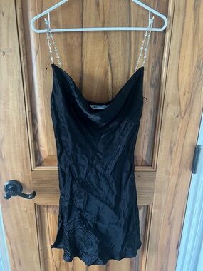 Zara Black Mini Slip Dress with Crystal-Strap Detail